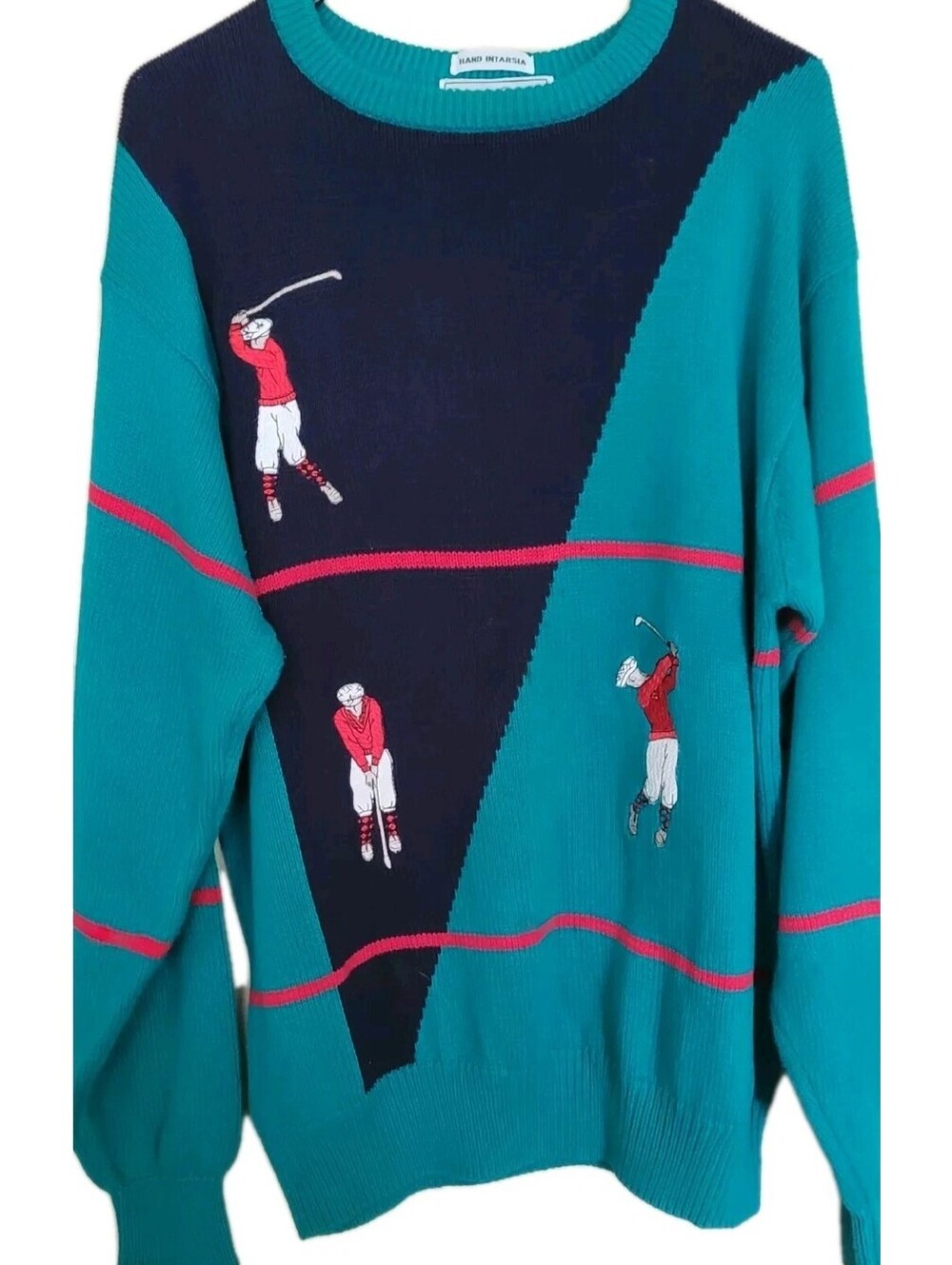VTG IZOD Golf Print Crewneck Pullover Hand Intarsia Sweater Men's Lg Multicolor